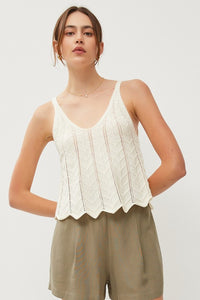 Off White Crochet V-Neck Scalloped Crop Pointelle Knit Tank