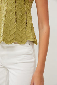 Lime Crochet V-Neck Scalloped Crop Pointelle Knit Tank