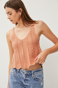 Hazelnut Crochet V-Neck Scalloped Crop Pointelle Knit Tank