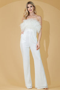 White Strapless/Sleeveless Feather Top Sequin Jumpsuit