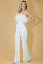 White Strapless/Sleeveless Feather Top Sequin Jumpsuit