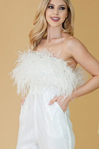 White Strapless/Sleeveless Feather Top Sequin Jumpsuit