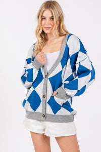 Blue/White Argyle Print Cardigan Sweater