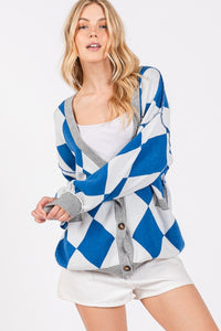 Blue/White Argyle Print Cardigan Sweater