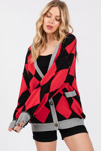 Red/Black Argyle Print Cardigan Sweater