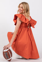 Burnt Orange Poplin Ruffle Sleeve Tie Back Dress