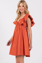 Burnt Orange Poplin Ruffle Sleeve Tie Back Dress