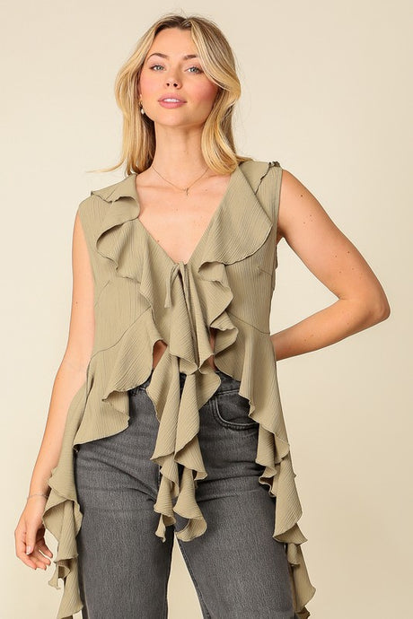 Olive Flowey Ruffled Trimmed Blouse