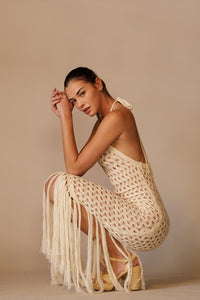 Sand Halter Crochet Cover Up Dress With Fringe Hem