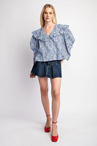 Blue Floral And Ginham Print Button Down Top