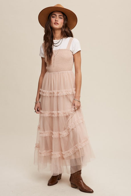 Beige Frilly Ruffle Tiered Mesh Maxi Dress