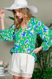 Green Balloon Sleeve Floral Printed Woven Top