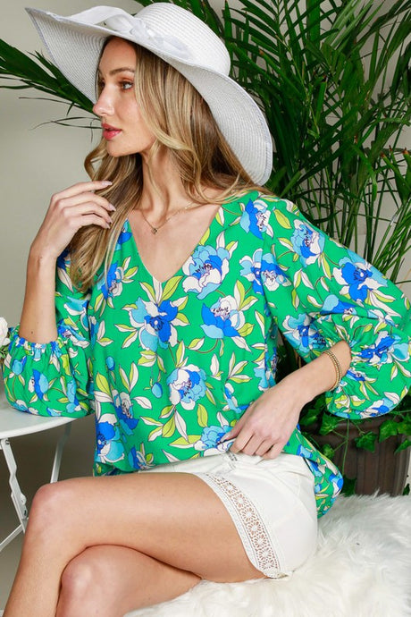 Green Balloon Sleeve Floral Printed Woven Top