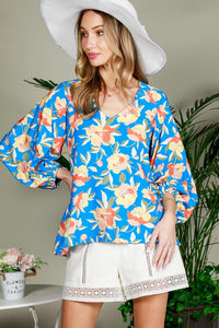 Blue Balloon Sleeve Floral Printed Woven Top