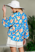 Blue Balloon Sleeve Floral Printed Woven Top