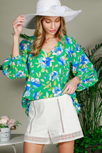 Green Balloon Sleeve Floral Printed Woven Top