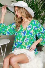 Green Balloon Sleeve Floral Printed Woven Top