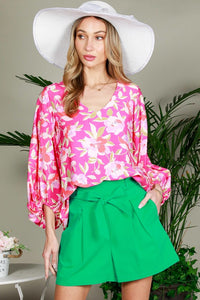 Pink Balloon Sleeve Floral Printed Woven Top