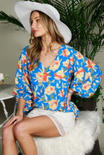 Blue Balloon Sleeve Floral Printed Woven Top