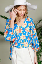 Blue Balloon Sleeve Floral Printed Woven Top