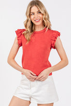 Red Mineral Washed Ruffle Sleeve Top