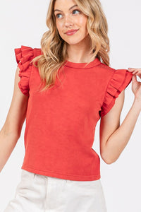 Red Mineral Washed Ruffle Sleeve Top