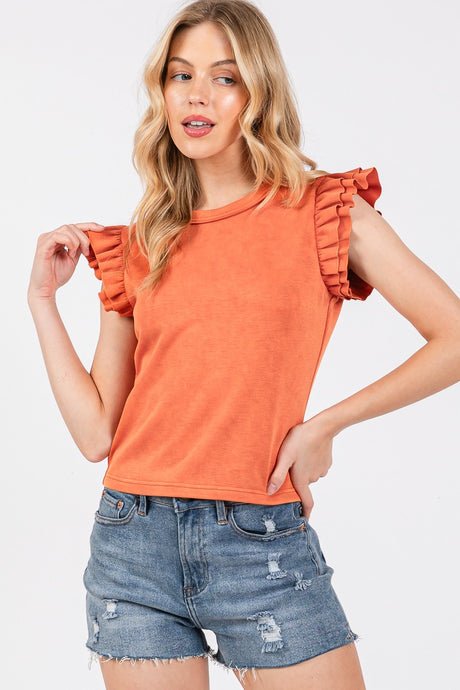 Orange Mineral Washed Ruffle Sleeve Top