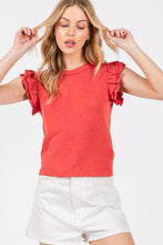 Red Mineral Washed Ruffle Sleeve Top