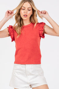 Red Mineral Washed Ruffle Sleeve Top