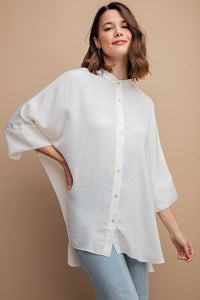 Off White Washed Satin Button Down Loose Fit Top