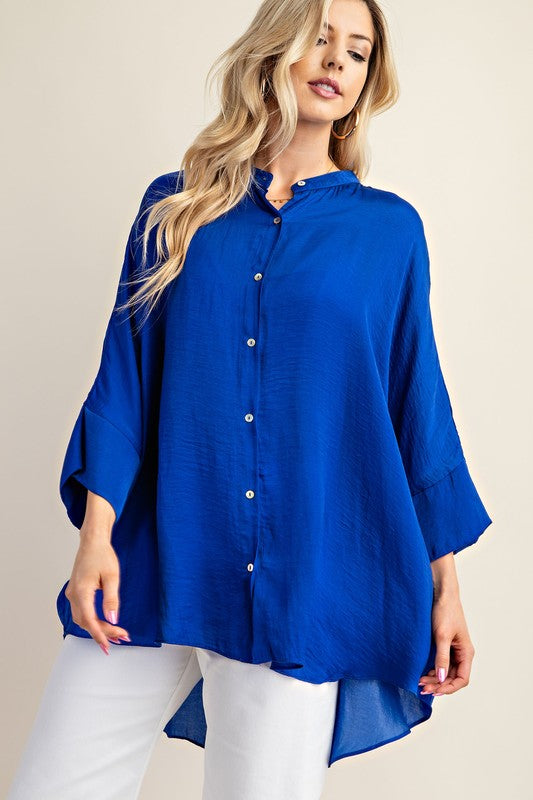 Royal Blue Washed Satin Button Down Loose Fit Top