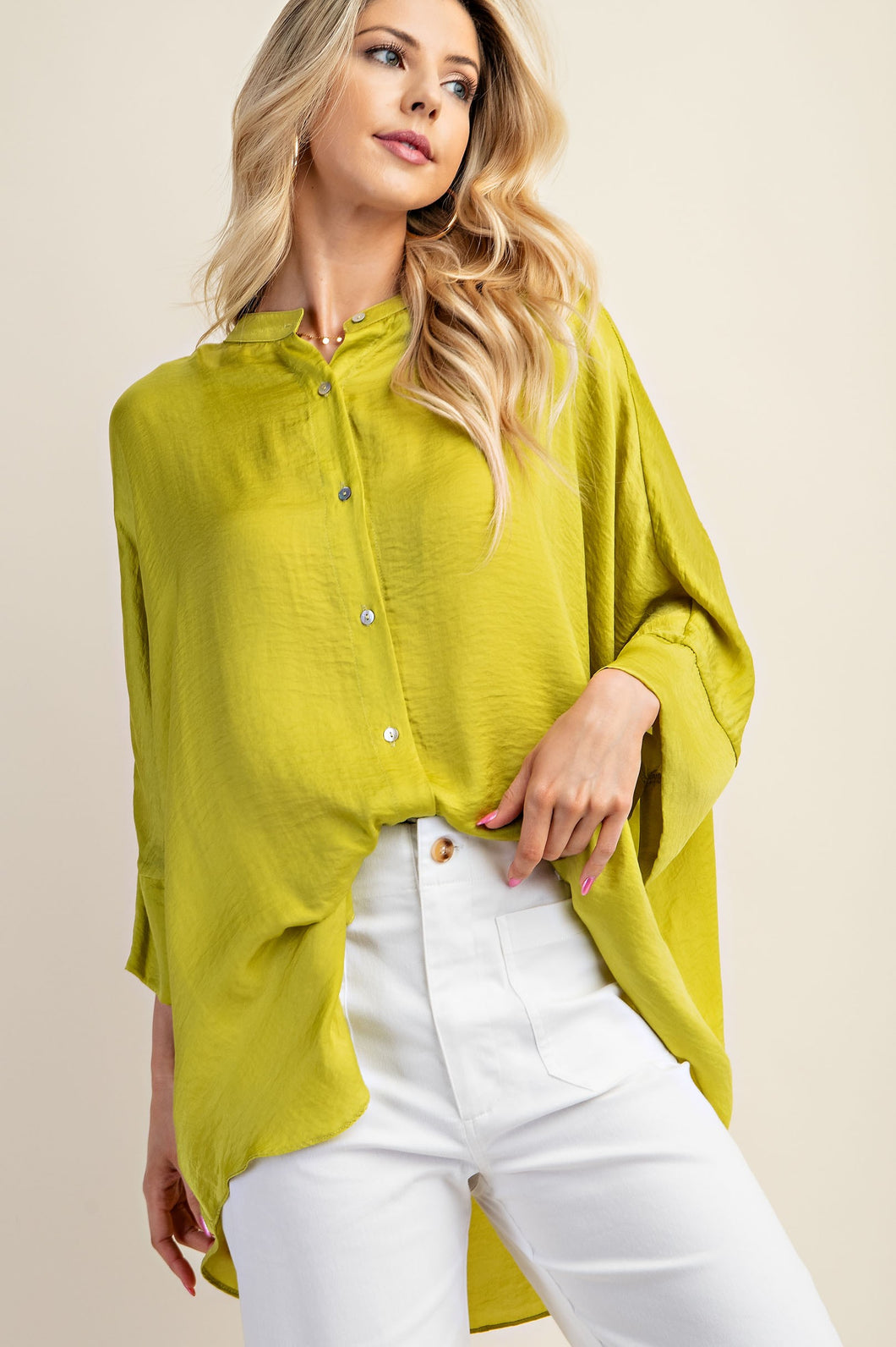 Apple Green Washed Satin Button Down Loose Fit Top