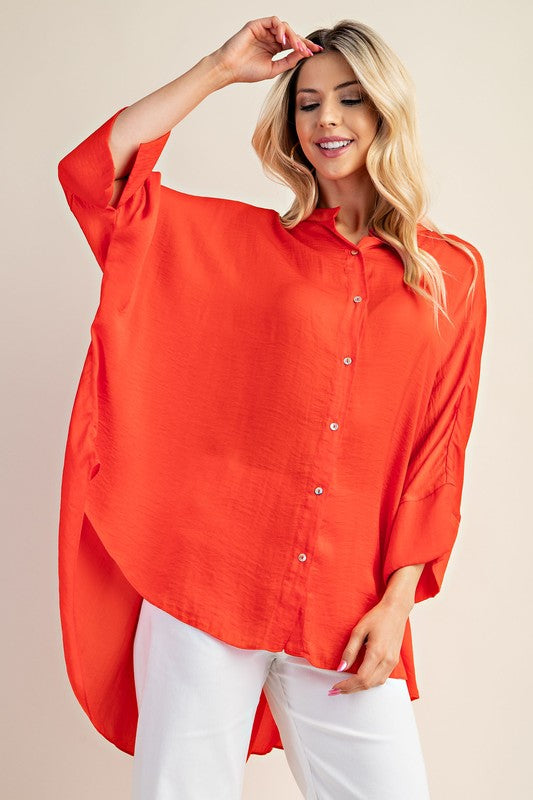 Tomato Red Washed Satin Button Down Loose Fit Top