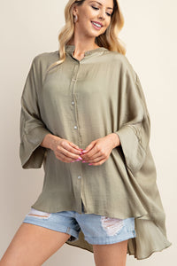 Dusty Sage Washed Satin Button Down Loose Fit Top