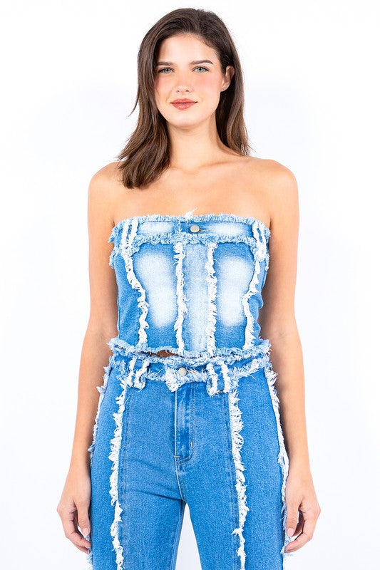 Light Blue Frayed Edge Denim Corset Top