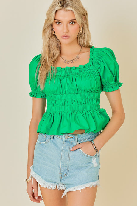 Green Ruffle Detail Poplin Tiered Babydoll Top