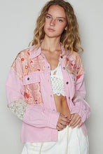 Pink Multi Balloon Sleeve Printed Woven Mixed Denim Shacket