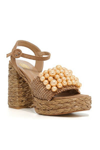 Camel Pearl Detail Strap, Raffia Chunk Heel