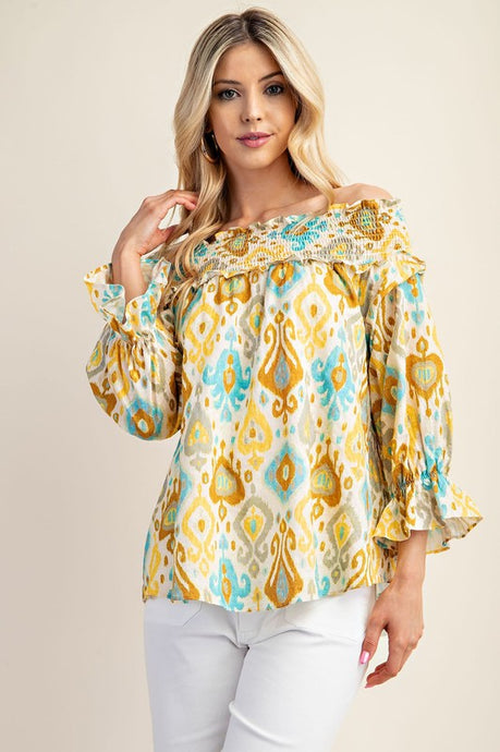 Yellow Printed Smocked Off The Shoulder Blouse