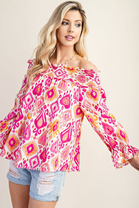 Fuchsia Printed Smocked Off The Shoulder Blouse