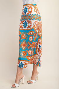 Blue Colorful Printed Satin Midi Skirt