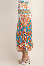 Blue Colorful Printed Satin Midi Skirt