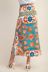 Blue Colorful Printed Satin Midi Skirt