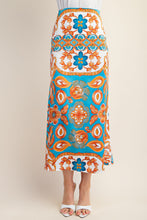 Blue Colorful Printed Satin Midi Skirt