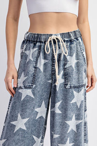 Denim Mineral Washed Star Printed Straight Leg Pants