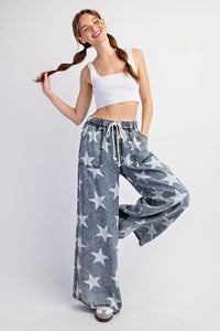 Denim Mineral Washed Star Printed Straight Leg Pants