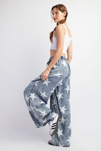 Denim Mineral Washed Star Printed Straight Leg Pants