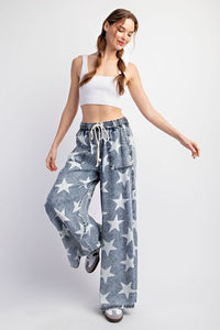 Denim Mineral Washed Star Printed Straight Leg Pants