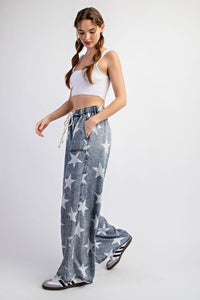 Denim Mineral Washed Star Printed Straight Leg Pants