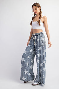 Denim Mineral Washed Star Printed Straight Leg Pants